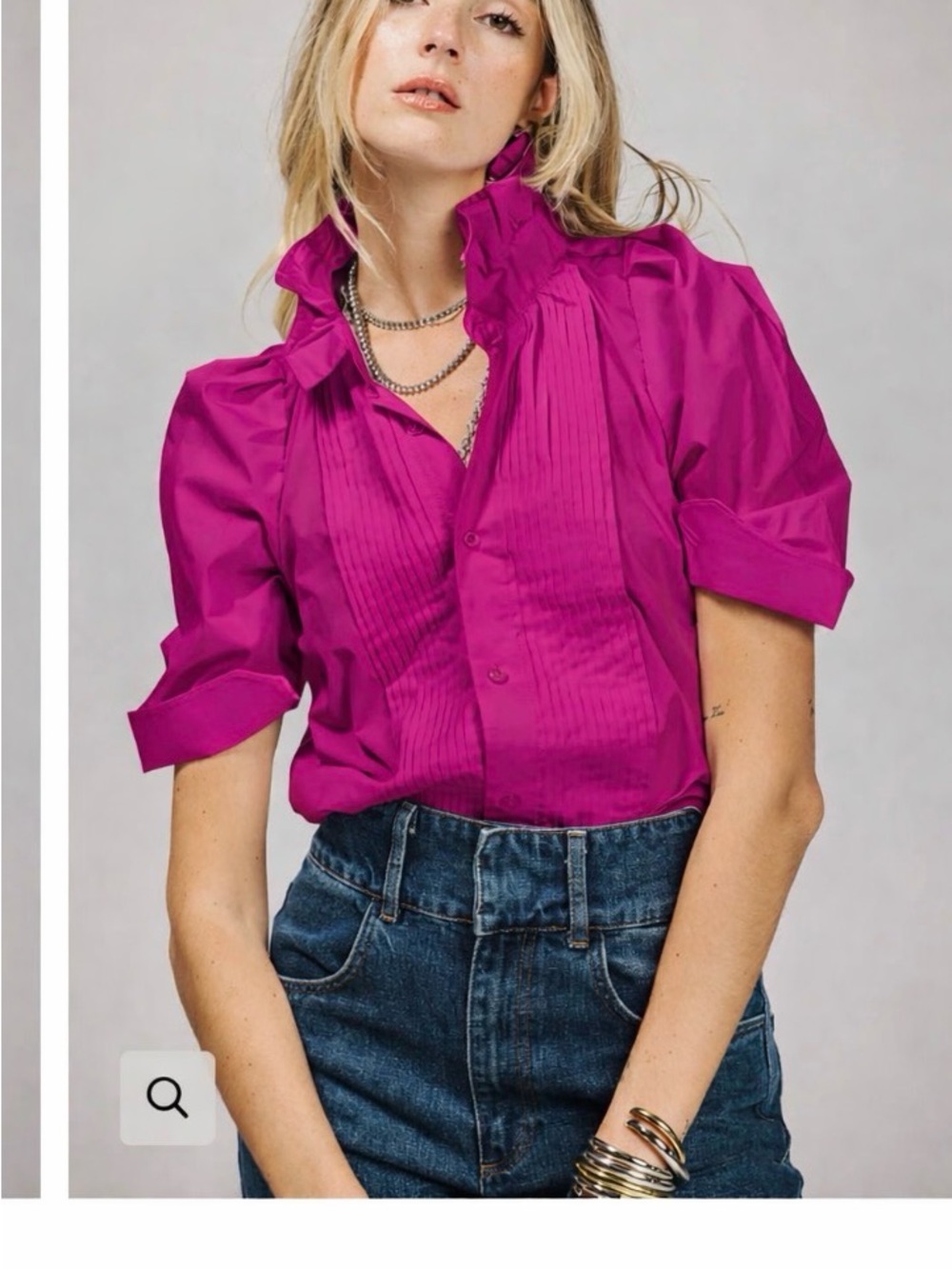 Ruffled Pintuck Button-Front Blouse in Magenta